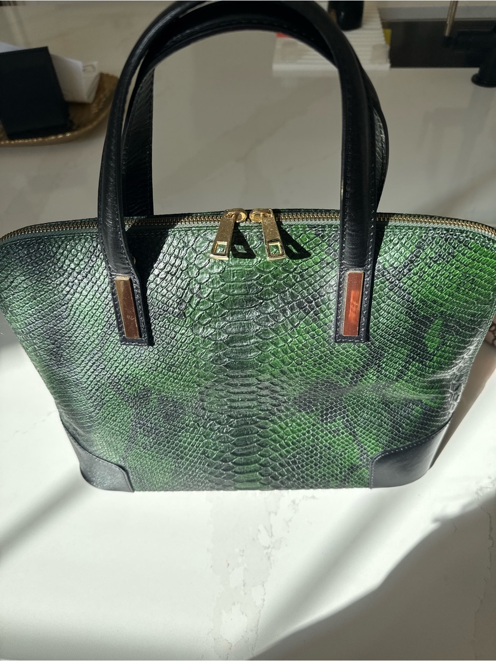 Green Snake-Embossed Leather Satchel